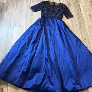 Teri Jon Formal Blue Satin Evening Ball Gown Beaded Embellished Bodice Size 10